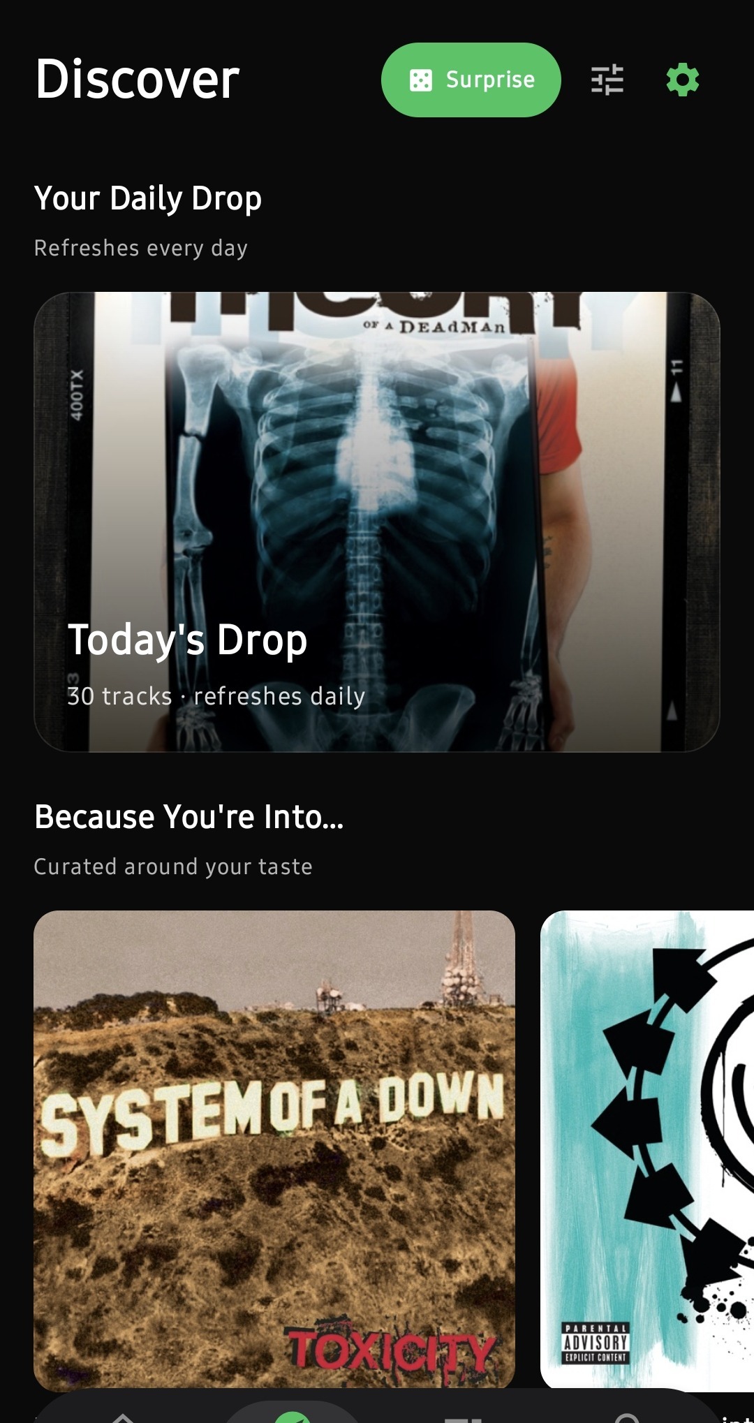 Eclipse Music discover screen with daily drops and recommendations