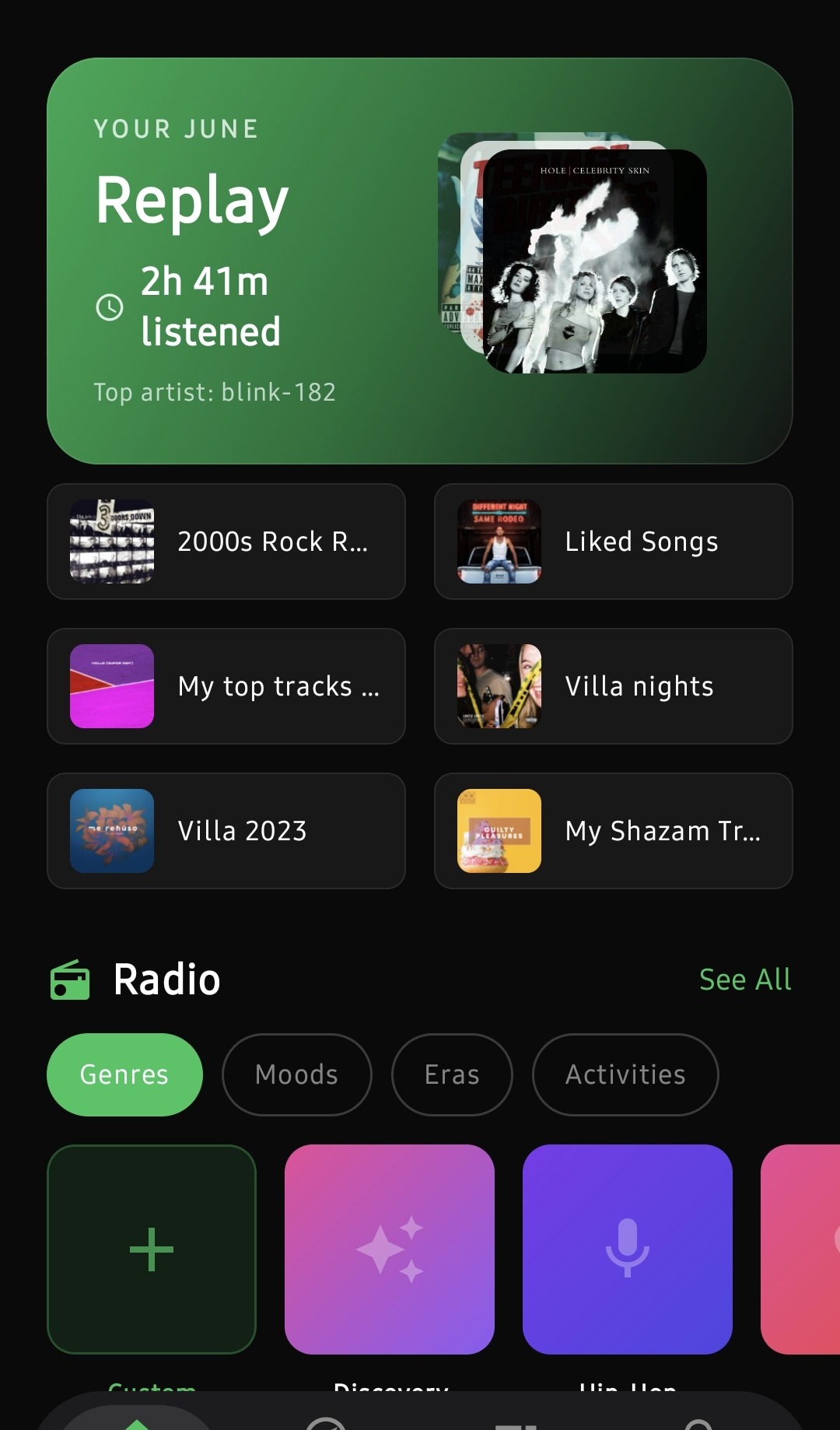 Eclipse Music home screen with your replay and personal playlists