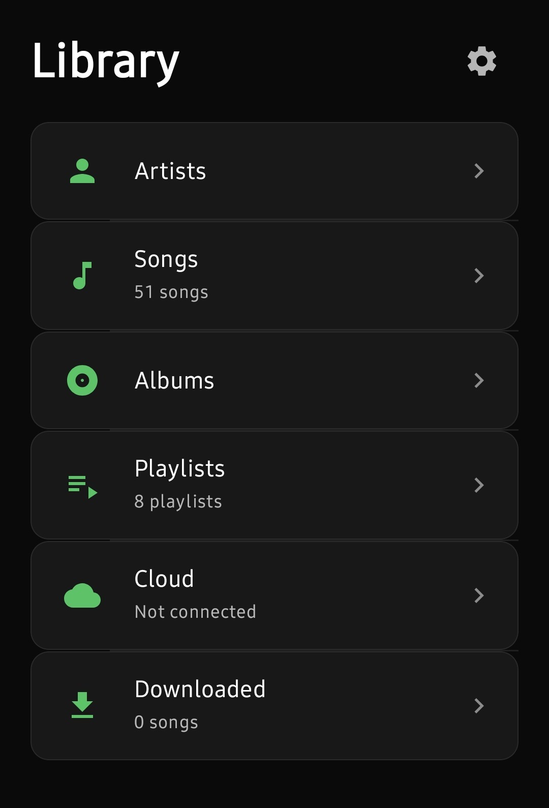 Eclipse Music library screen with artists, songs, albums and playlists