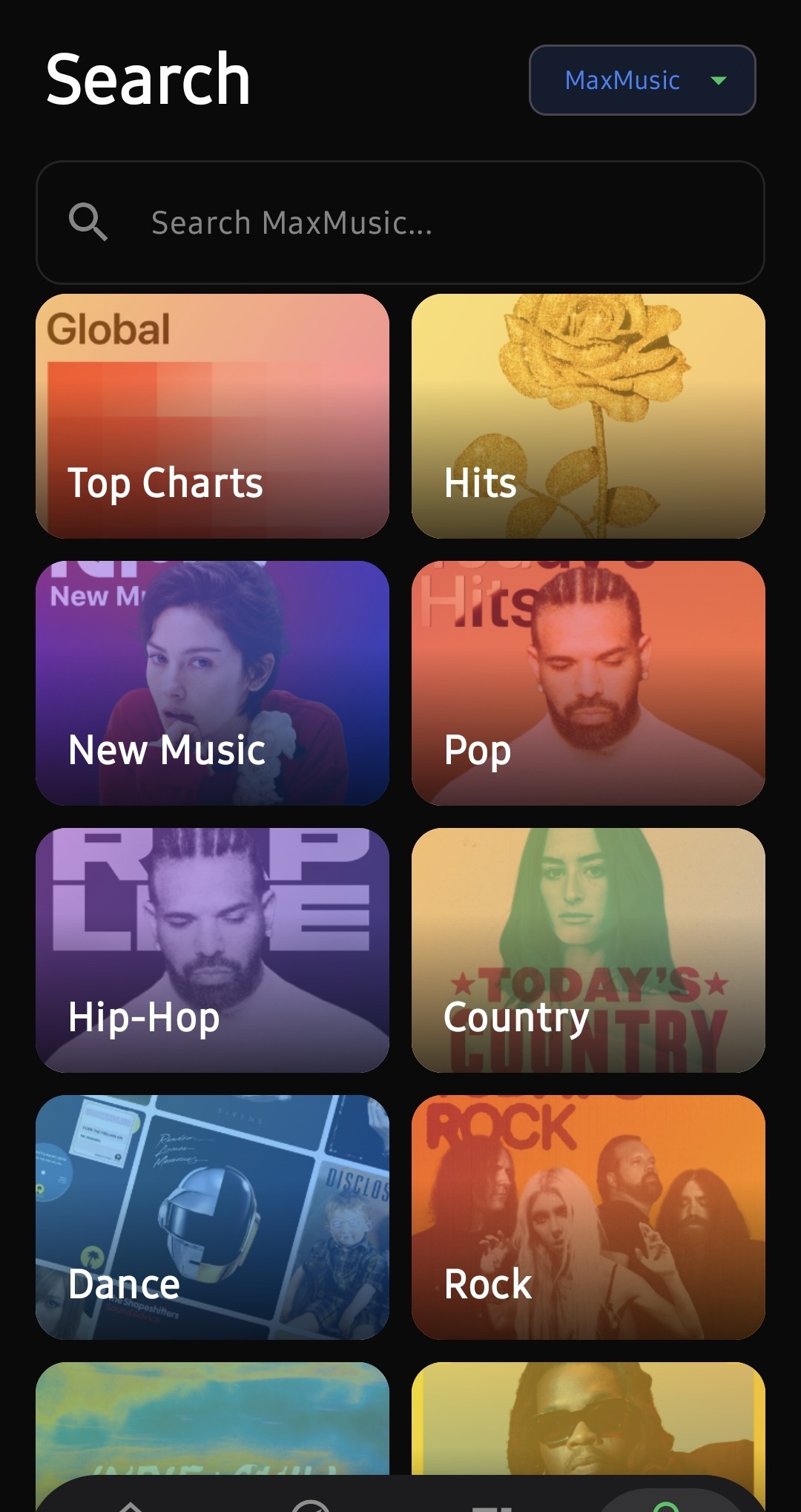 Eclipse Music search screen with genre browsing